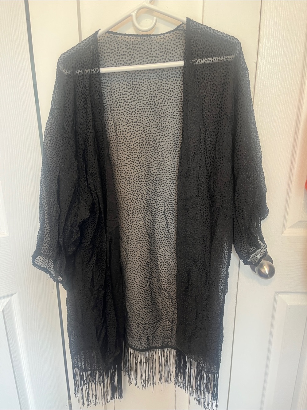 Black Sheer Fringe Open-Front Women's kimono
